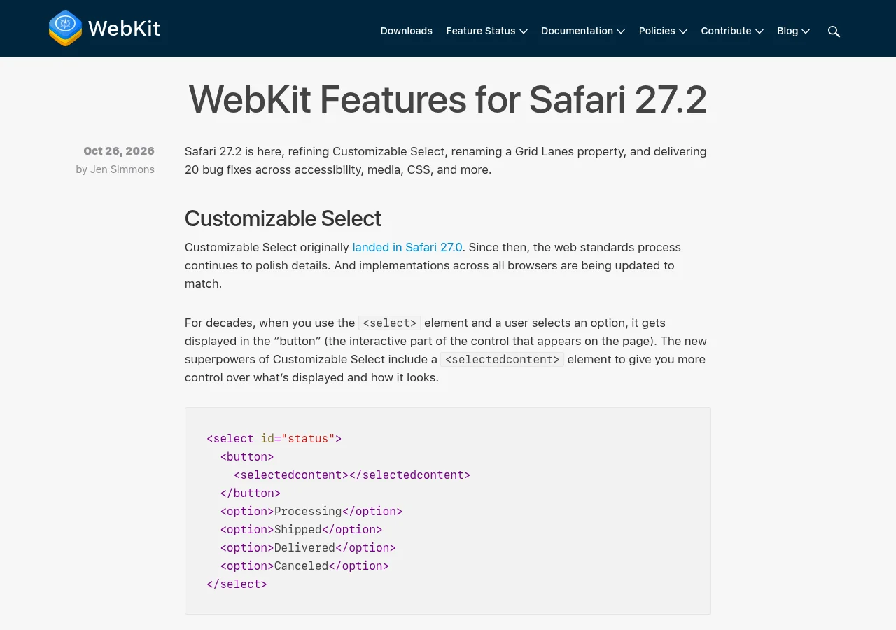WebKit Features for Safari 27.2（公式ブログ）の画面