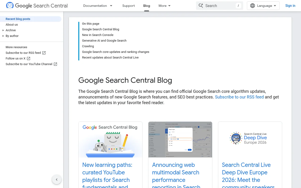 Google 検索セントラル ブログの画面