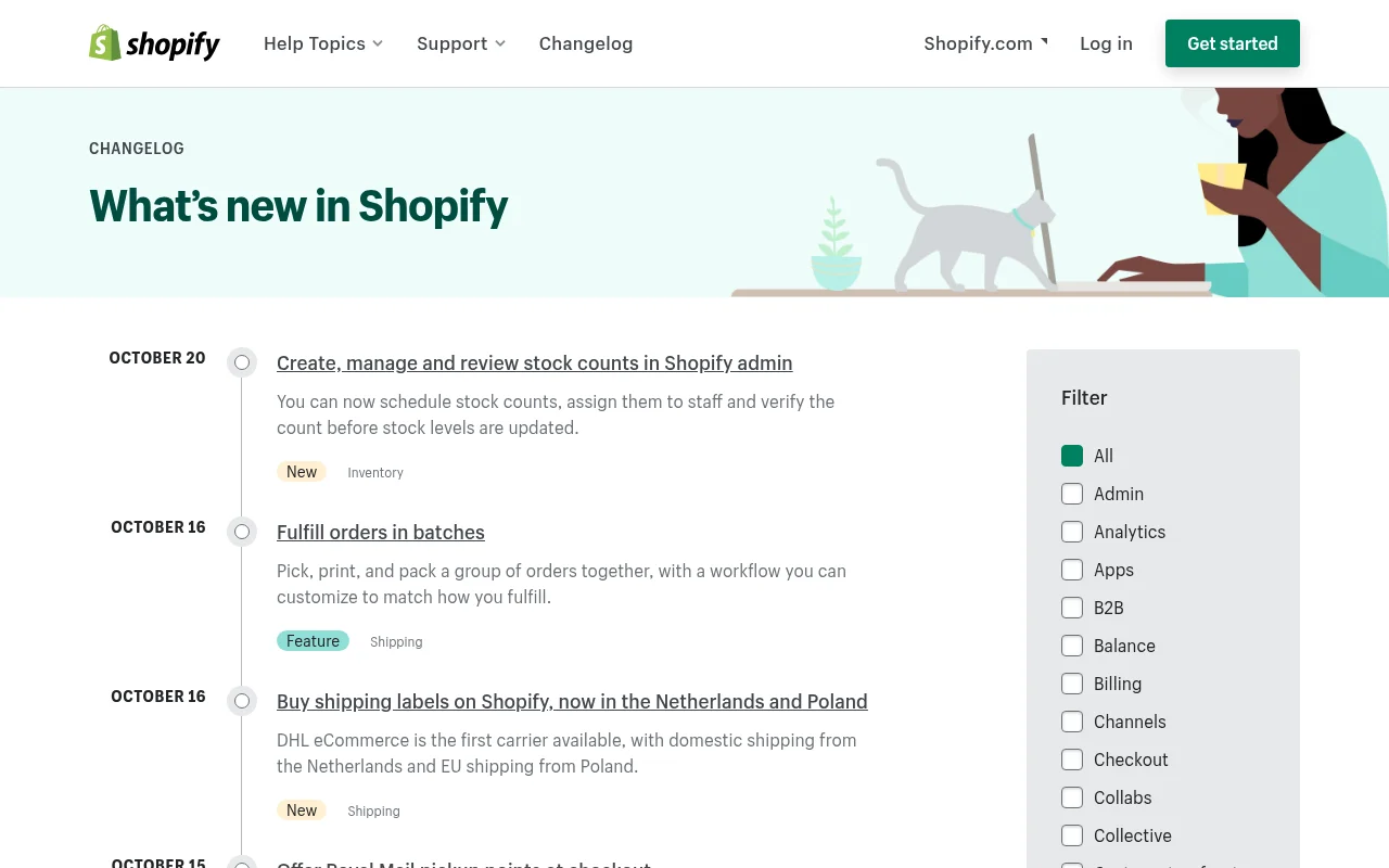 Shopify Changelog（Shopify公式の変更履歴）の画面