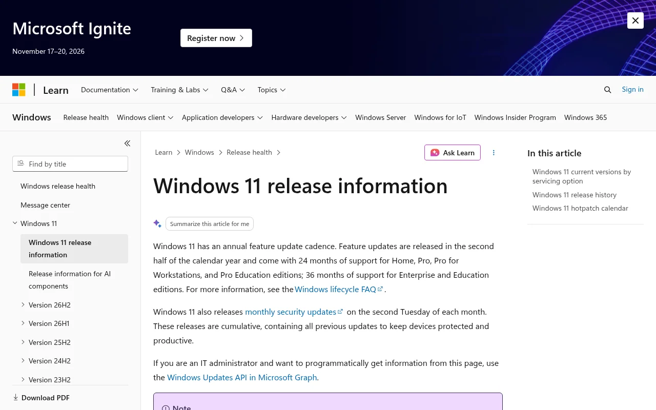 Windows 11 release information（公式のリリース情報）の画面