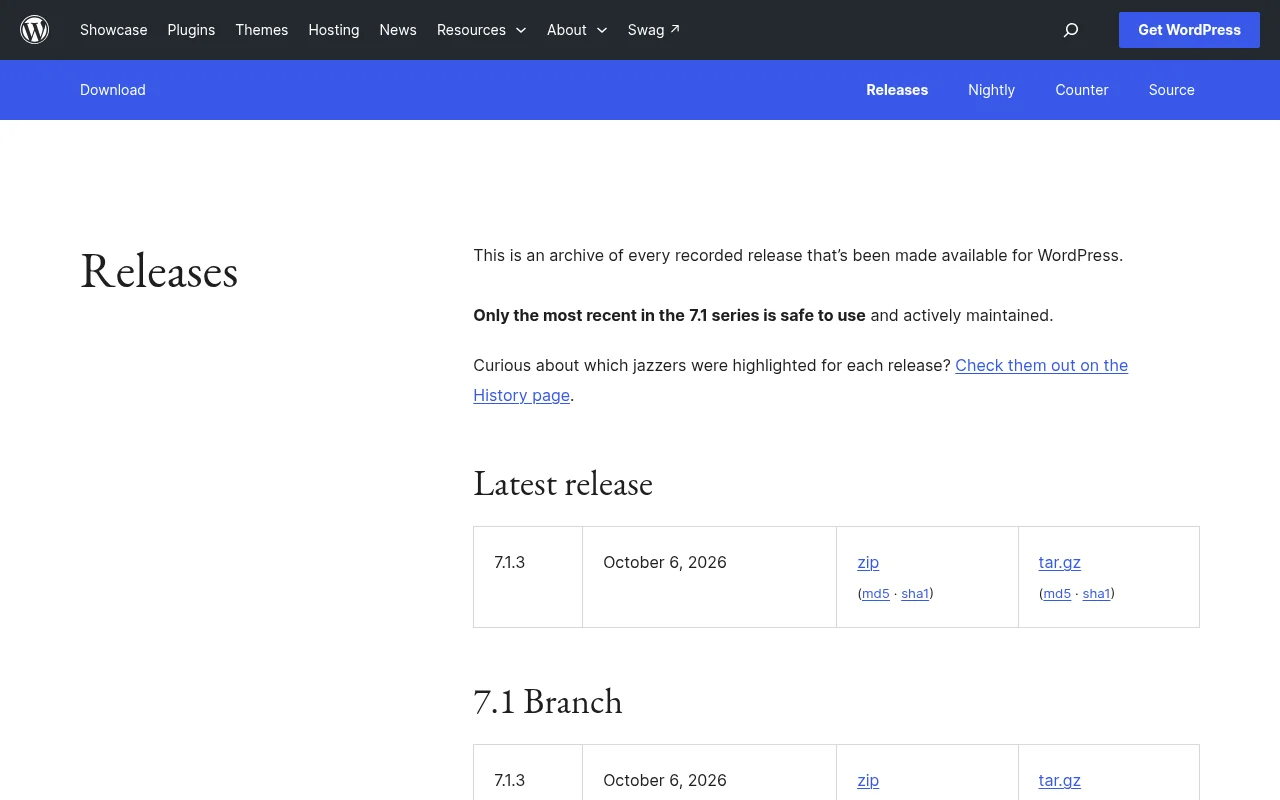 WordPress Releases(WordPress.org)の画面