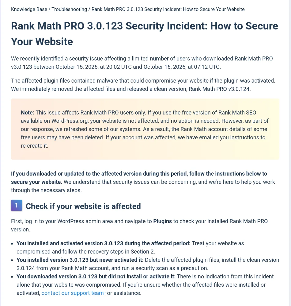 Rank Mathのナレッジベース記事「Rank Math PRO 3.0.123 Security Incident」。10月15日20時2分から16日7時12分(UTC)に入手した3.0.123にマルウェアが入っていたこと、無料版は対象外であることが書かれている