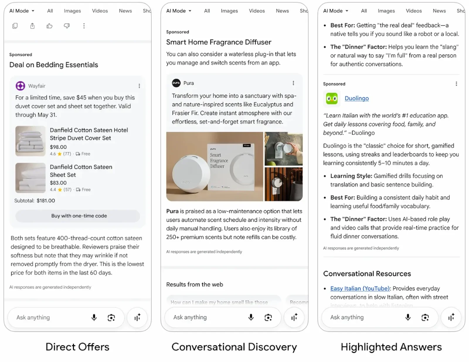 米国で試されているAIモード内の広告の例。Direct Offers、Conversational Discovery、Highlighted Answersの3種類で、それぞれ「Sponsored」と表示されている