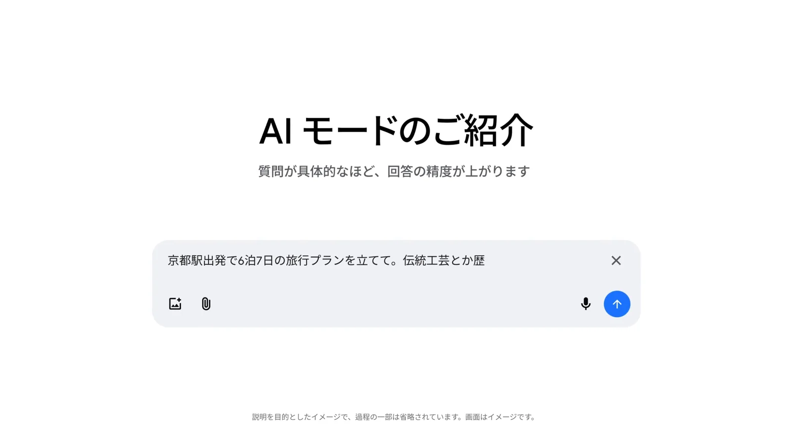 AIモードの入力欄に「京都駅出発で6泊7日の旅行プランを立てて」と長い質問を入力している画面