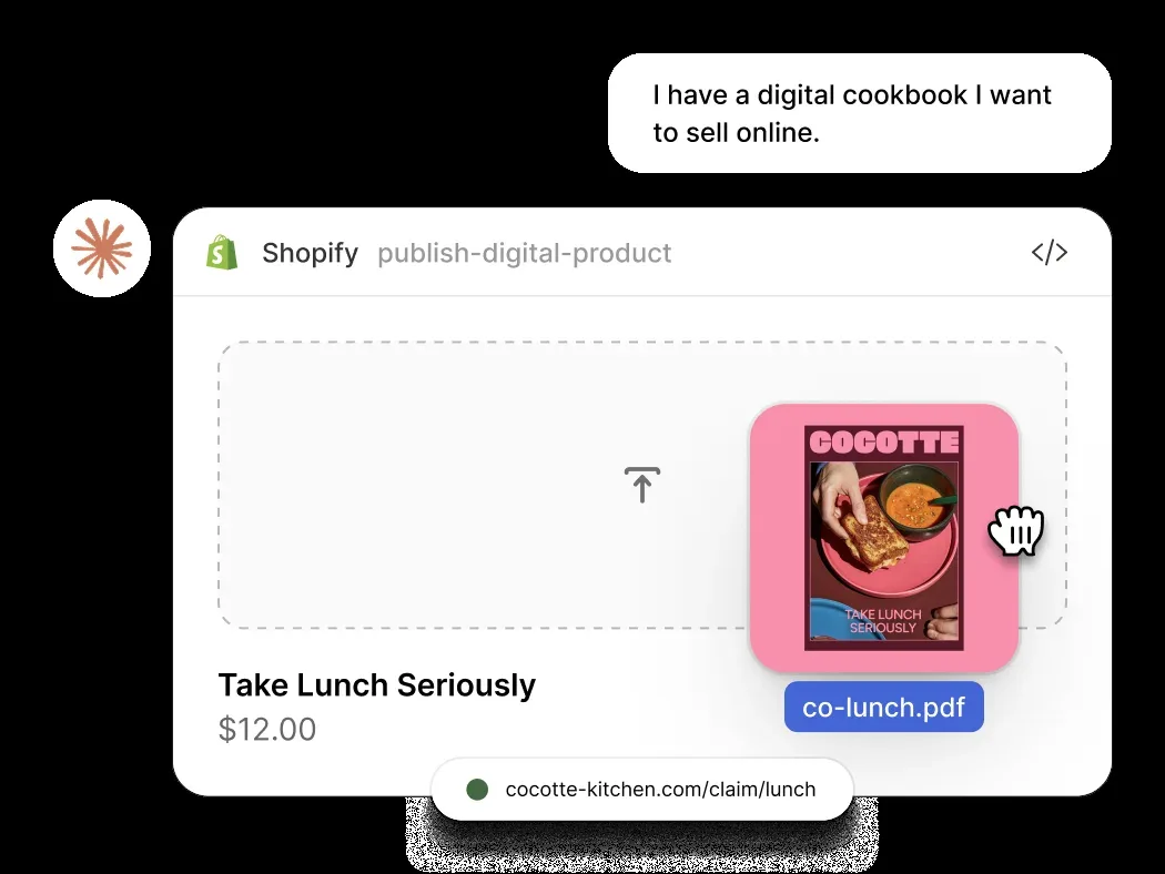 AIエージェントに「デジタルの料理本を売りたい」と伝え、PDFをアップロードして価格12ドルの商品と購入用リンクが作られる画面