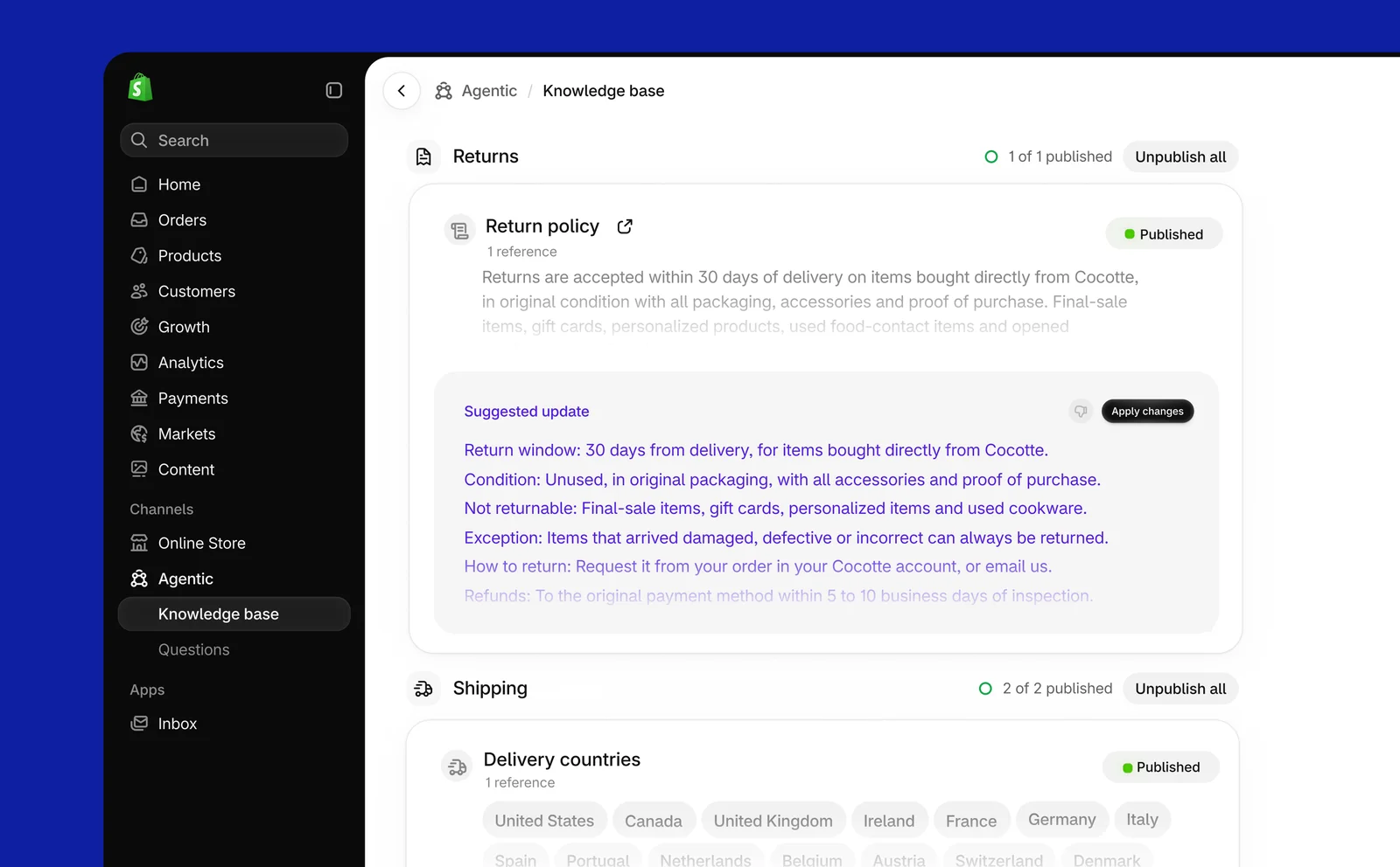 Shopify管理画面のナレッジベース。公開済みの返品ポリシーと、確認待ちの更新提案