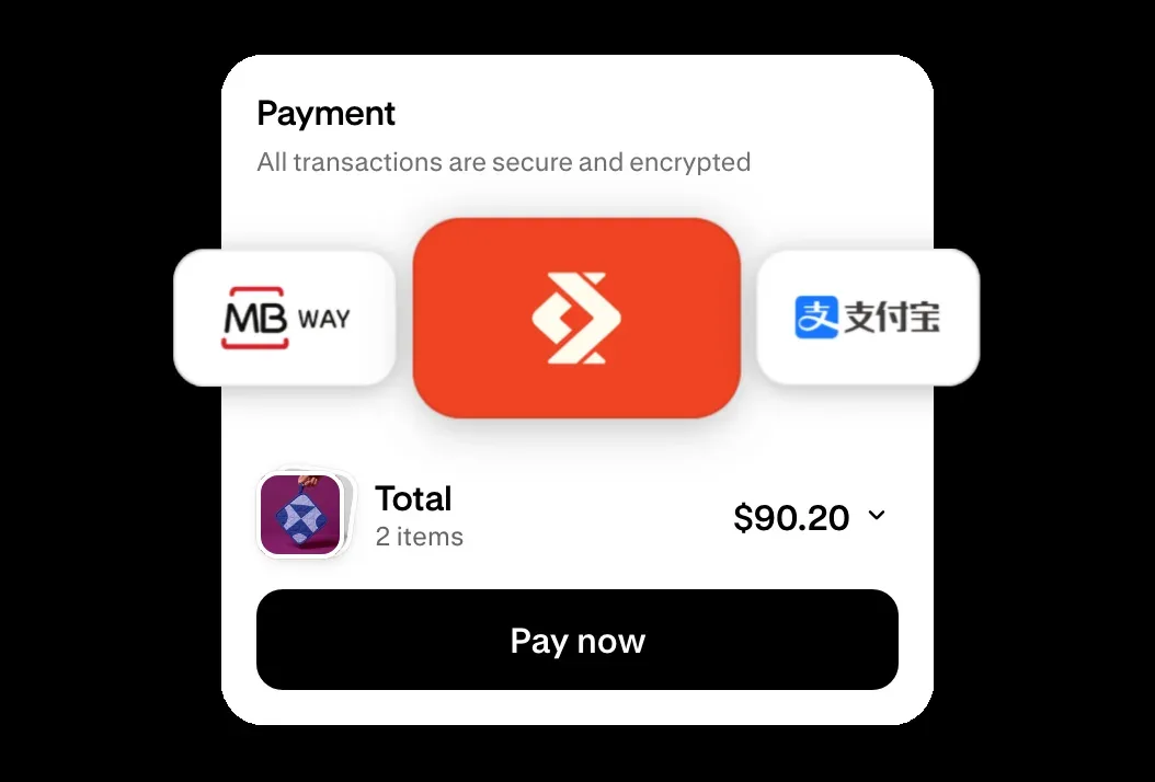 チェックアウトの支払い画面で、MB WAYやAlipayなど現地の決済手段が切り替わって表示される様子
