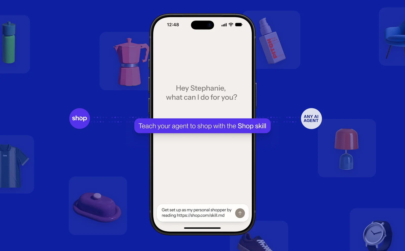 AIエージェントのチャットでshop.comのスキルを読み込み、パーソナルショッパーとして使っているスマートフォン画面