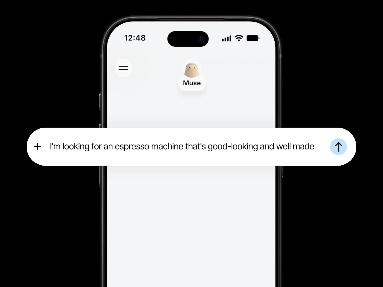 スマートフォンのMuseで「見た目がよくて造りのしっかりしたエスプレッソマシンを探している」と相談している画面