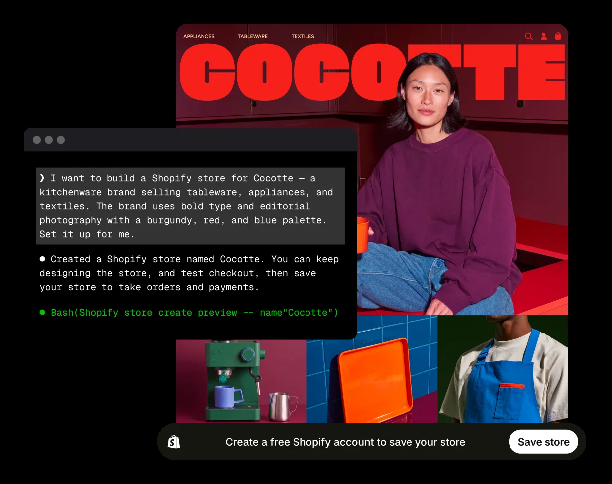 コマンドラインでAIエージェントにキッチン用品ブランドのストア作成を頼み、プレビューされたストアと「無料のShopifyアカウントを作って保存」の案内が表示された画面