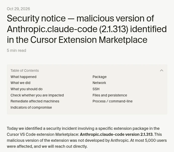 Cursor公式ブログの告知「Security notice — malicious version of Anthropic.claude-code (2.1.313) identified in the Cursor Extension Marketplace」の冒頭。Anthropicが作った版ではなく、最大5,000人に影響したと書かれている