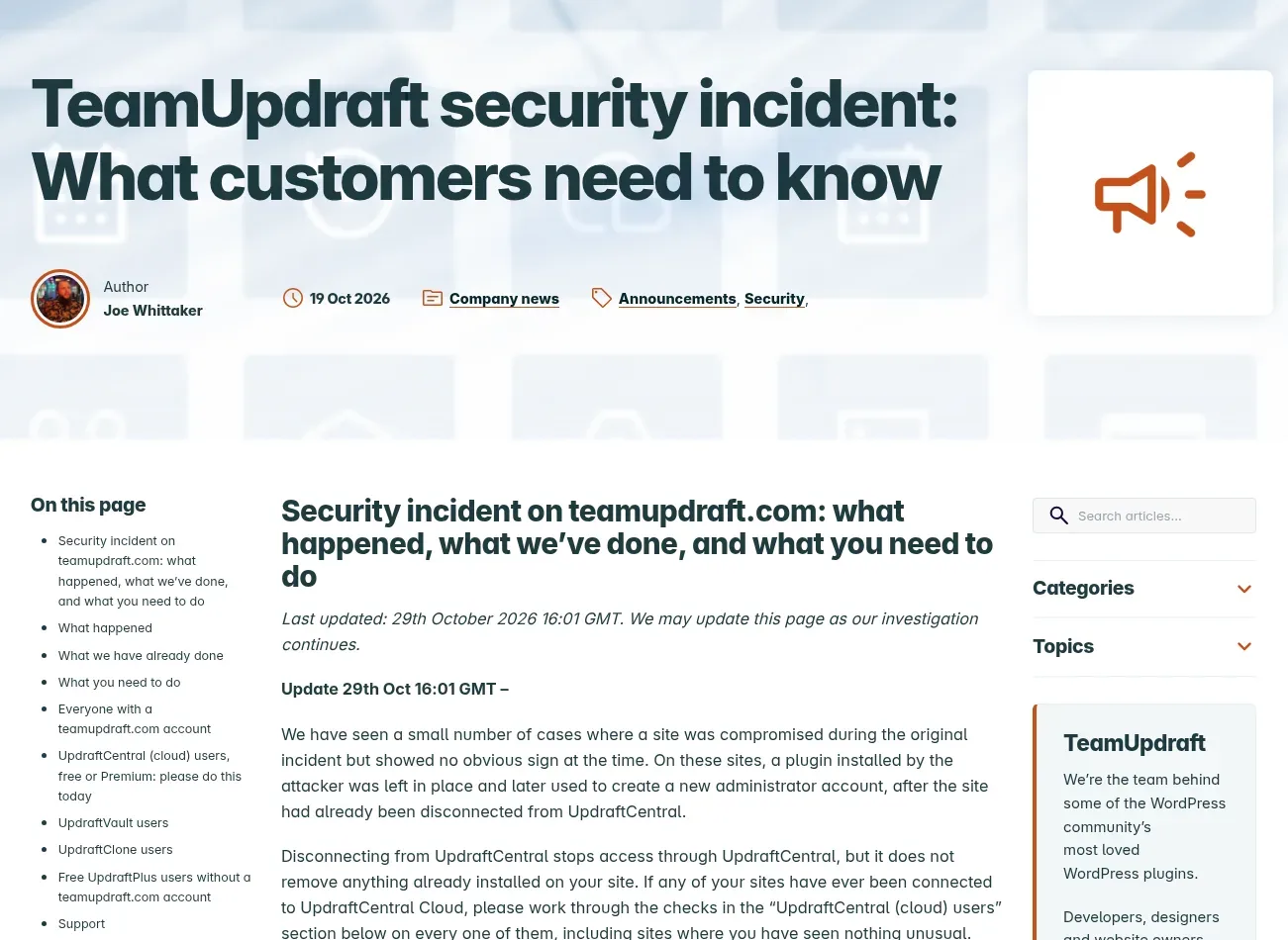 TeamUpdraftの告知ページ「TeamUpdraft security incident: What customers need to know」。2026年10月19日付で、10月29日に最終更新とある